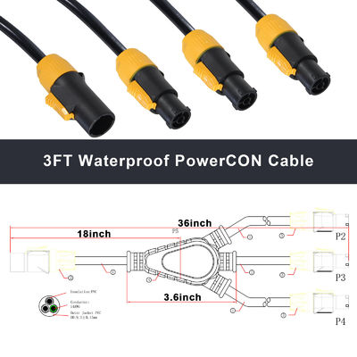Разветвитель питания PowerCON с 1 штекером Male на 3 гнезда Female, кабель 1м-10м