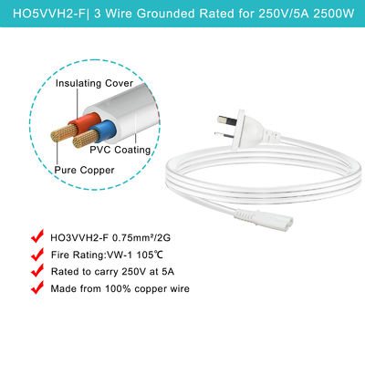 SAA to IEC C7 Power Cord 2-Pin AU Plug 1M Белый сертифицированный ROHS