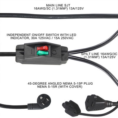 15A/125V Плоский розетка встроенная 1 Главная линия 2 Под Нема 515P 3Pin Y тип разделитель кабеля питания с переключателем
