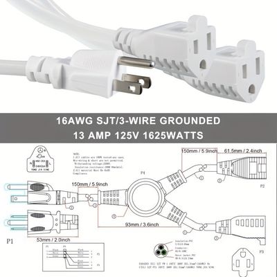 125В 13А Электропровод NEMA5-15P к NEMA 5-15R 1 до 2 Y Разделитель SJT 16AWG 3 провода