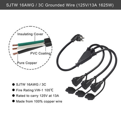 Шнур питания разветвитель NEMA 5-15P на 3x5-15R, 3 фута, 16AWG, резиновая оболочка