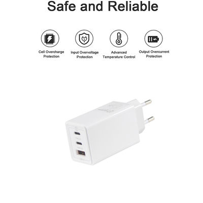 Европейский GaN Tech 3 портов 65 Вт USB C USB-A QC3.0 зарядное устройство для ноутбуков Белый