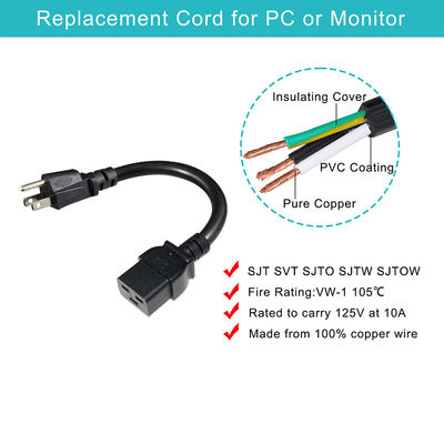 3 штифта Sjt с кабелем Sjtw Iec 320 C19 до Nema 5-15p 3 штифта Lock Ac расширение 5ft 6ft