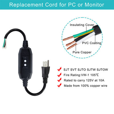 Электрический кабель промышленного класса 18AWG NEMA 5-15P с защитой RCD и голыми концами проводов для машин / бытовых приборов