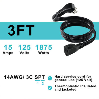 14 AWG SPT-3 Плоский проволочный электропровод NEMA 5-15P до 5-15R Прямая кнопка 15A 125V Гибкий кабель для промышленного / домашнего использования