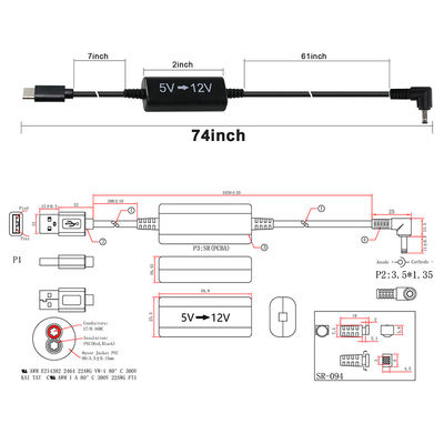 USB-C до 12V Step-Up кабель с прямоугольным DC вставкой -5V до 12V кабель преобразователя питания для маршрутизатора, светодиода, камеры, вентилятора
