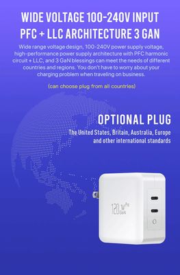 US 2-pin настенное зарядное устройство с двойными портами USB-C, 120 Вт высокоскоростной выходной мощностью, быстрый зарядный адаптер для ноутбука / планшета