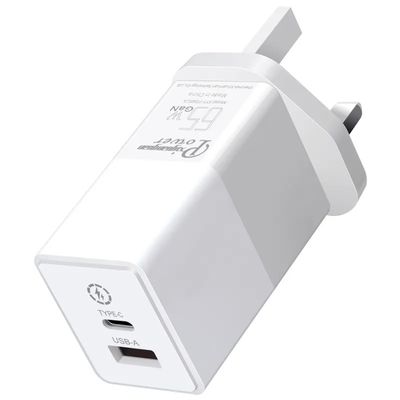 Настенное зарядное устройство UK с 2 контактами и портами USB-C и USB-A, двухпортовый адаптер питания 65 Вт для ноутбука/телефона/планшета