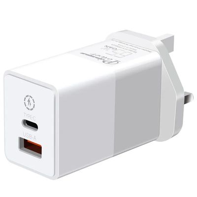 Настенное зарядное устройство UK с 2 контактами и портами USB-C и USB-A, двухпортовый адаптер питания 65 Вт для ноутбука/телефона/планшета