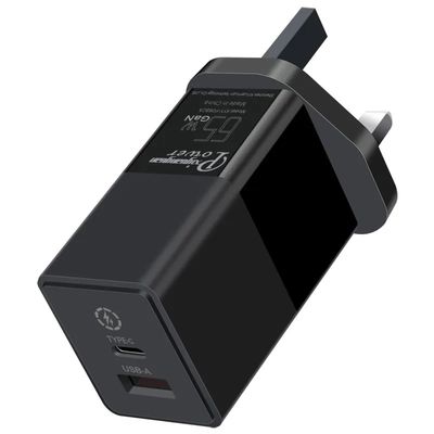 Настенное зарядное устройство UK с 2 контактами и портами USB-C и USB-A, двухпортовый адаптер питания 65 Вт для ноутбука/телефона/планшета