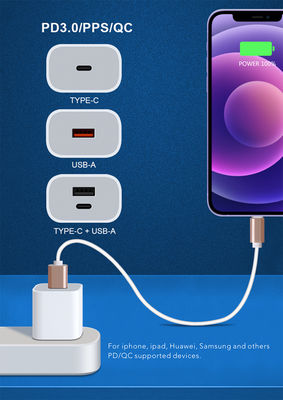 Сетевое зарядное устройство USB-C и USB-A на 20 Вт для США с кабелем, адаптер питания для быстрой зарядки смартфонов и планшетов