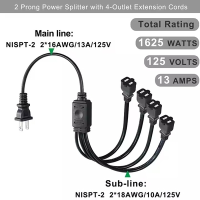 1-to-4 NEMA 1-15P Flat Plug Power Splitter - экономия места 125V 15A многоразовое расширение для дома / офиса