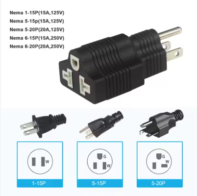 NEMA 5-15P до 5-15R Адпрессор прямоугольного ввода 15A 125V