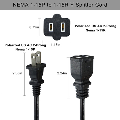 Удлинитель NEMA 1-15P на 1-15R, 2-контактный, 110В-250В, медь, ПВХ